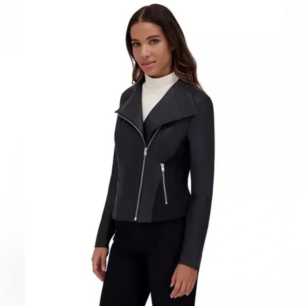 Andrew Marc Moto Felix Jacket Black Leather Small Pockets Knit Panels Gothcore